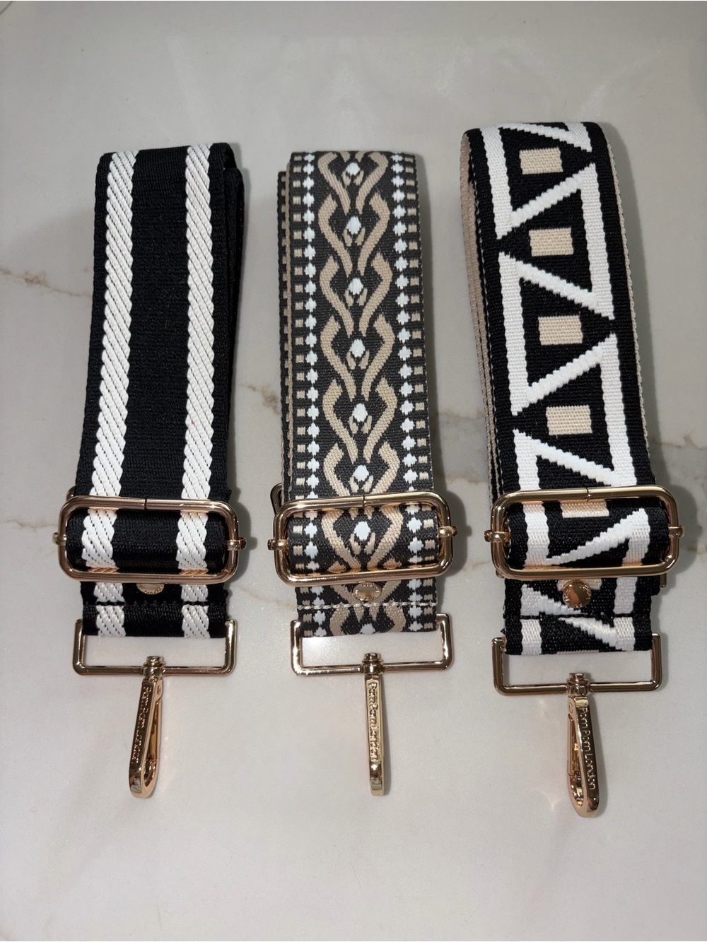 Pom Pom London Black white tan guitar strap bundle: stripe trellis Egyptian NEW